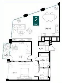 2-к квартира, вторичка, 92м2, 6/13 этаж