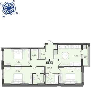 3-к квартира, вторичка, 89м2, 13/25 этаж