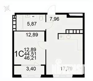 1-к квартира, вторичка, 46м2, 16/22 этаж