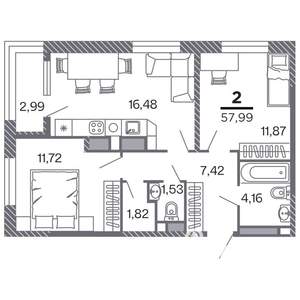 2-к квартира, строящийся дом, 58м2, 13/25 этаж