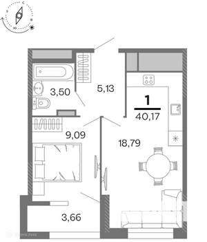 1-к квартира, вторичка, 40м2, 9/17 этаж