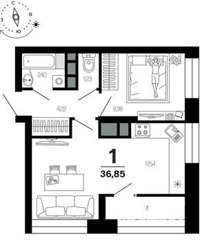 1-к квартира, вторичка, 37м2, 20/21 этаж
