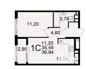 1-к квартира, вторичка, 35м2, 15/21 этаж
