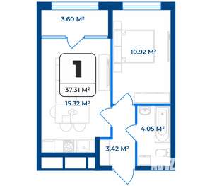 1-к квартира, строящийся дом, 37м2, 1/9 этаж
