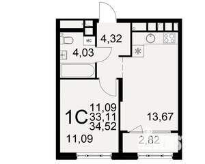 1-к квартира, вторичка, 33м2, 3/22 этаж