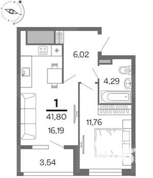 1-к квартира, строящийся дом, 42м2, 1/15 этаж