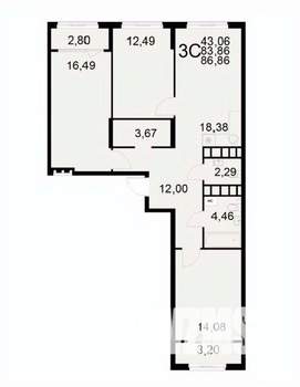 3-к квартира, вторичка, 87м2, 7/22 этаж