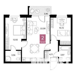 2-к квартира, строящийся дом, 59м2, 7/9 этаж