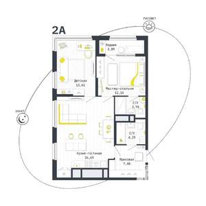 2-к квартира, вторичка, 69м2, 3/25 этаж