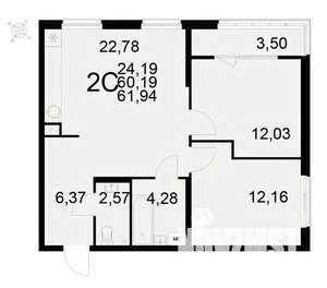 2-к квартира, вторичка, 62м2, 2/22 этаж