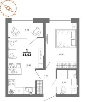 1-к квартира, вторичка, 34м2, 10/22 этаж