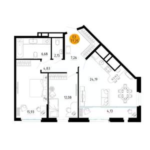 2-к квартира, вторичка, 77м2, 3/25 этаж