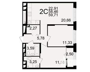 2-к квартира, вторичка, 58м2, 19/25 этаж