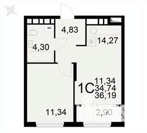 1-к квартира, вторичка, 36м2, 15/22 этаж