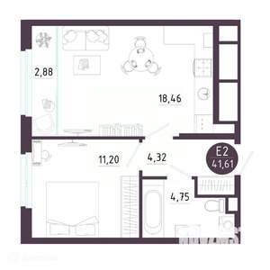 1-к квартира, вторичка, 42м2, 2/19 этаж
