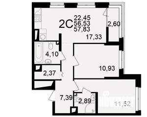 2-к квартира, вторичка, 57м2, 5/25 этаж