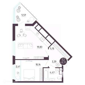 1-к квартира, вторичка, 50м2, 2/19 этаж