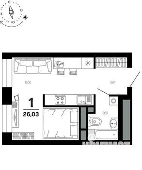 1-к квартира, вторичка, 26м2, 9/21 этаж