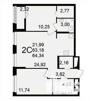 2-к квартира, вторичка, 64м2, 2/11 этаж