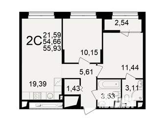 2-к квартира, вторичка, 55м2, 6/25 этаж