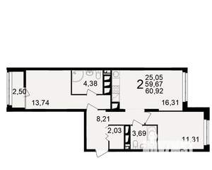 2-к квартира, вторичка, 60м2, 16/25 этаж