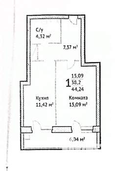 1-к квартира, сданный дом, 39м2, 8/19 этаж