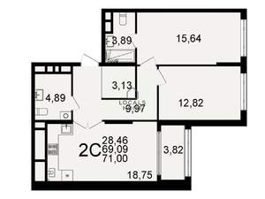 2-к квартира, вторичка, 71м2, 2/26 этаж