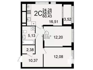 2-к квартира, вторичка, 60м2, 25/26 этаж