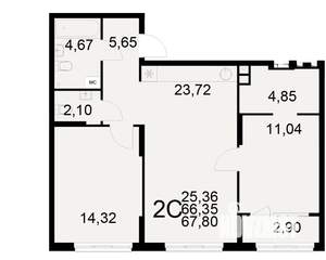 2-к квартира, вторичка, 66м2, 2/21 этаж