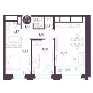 2-к квартира, вторичка, 58м2, 2/18 этаж