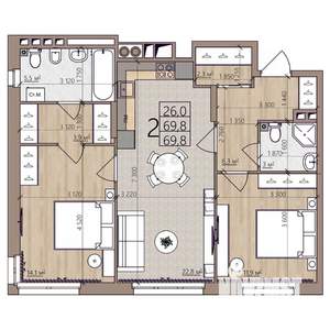 2-к квартира, строящийся дом, 70м2, 3/8 этаж