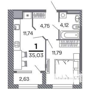 1-к квартира, строящийся дом, 35м2, 4/25 этаж