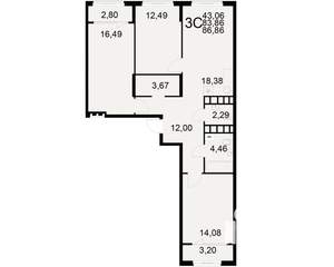 3-к квартира, вторичка, 84м2, 12/21 этаж