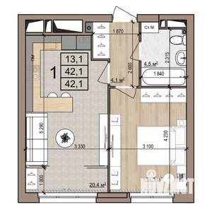 1-к квартира, строящийся дом, 42м2, 5/25 этаж