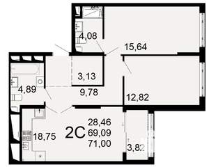 2-к квартира, вторичка, 69м2, 12/26 этаж