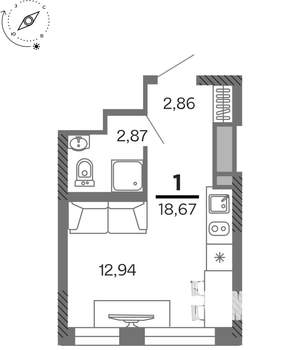 1-к квартира, вторичка, 19м2, 22/25 этаж