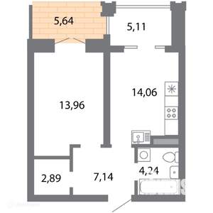 1-к квартира, вторичка, 47м2, 1/6 этаж