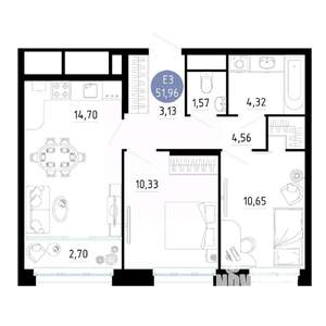 2-к квартира, вторичка, 52м2, 2/20 этаж