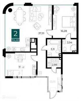 2-к квартира, вторичка, 94м2, 5/14 этаж