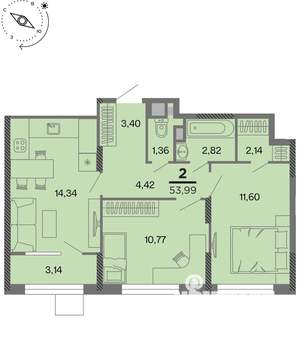 2-к квартира, вторичка, 54м2, 2/22 этаж