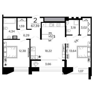 2-к квартира, вторичка, 67м2, 8/19 этаж