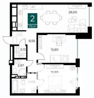 2-к квартира, вторичка, 79м2, 4/13 этаж