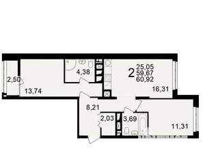 2-к квартира, вторичка, 60м2, 13/25 этаж