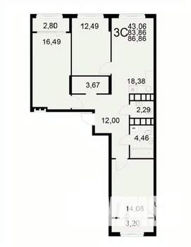 3-к квартира, вторичка, 87м2, 14/22 этаж