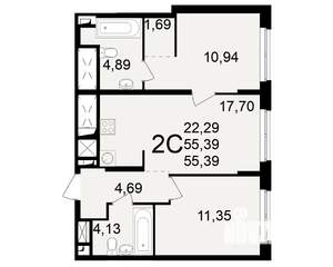 2-к квартира, вторичка, 55м2, 1/25 этаж