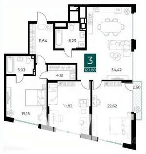 3-к квартира, вторичка, 124м2, 5/14 этаж