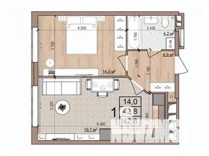 1-к квартира, вторичка, 43м2, 4/17 этаж