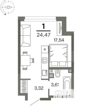 1-к квартира, вторичка, 24м2, 25/26 этаж