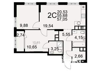 2-к квартира, вторичка, 56м2, 2/22 этаж