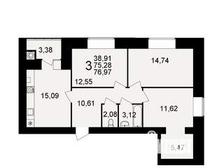 3-к квартира, вторичка, 75м2, 1/15 этаж
